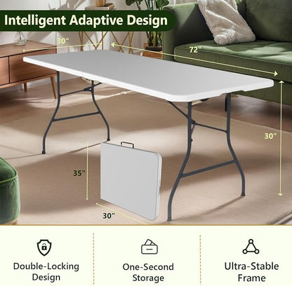 Folding Table, 6FT Foldable Picnic Table with Carrying Handle, Heavy Duty Fold-in-Half Portable Table for Weddings, Camping, RV Travel, Parties, BBQs, and Indoor Use, Easy to Fold and Store, White
