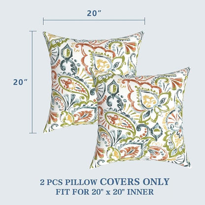 LVTXIII Outdoor Pillow Covers 20x20 Inch, 2 Pack Large Square Throw Pillow Cases, Fade-Resistant Cushion Covers for Patio Furniture Sofa, Garden Porch, Paisley Botanical