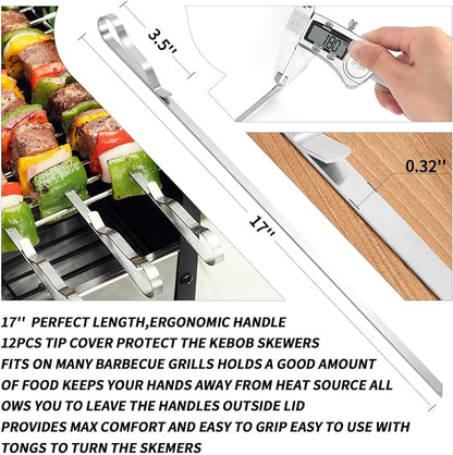Kabob Skewers 17" Stainless Steel Long BBQ Barbecue Skewers | Flat Metal Kebob Sticks Wide Reusable Grilling Skewers for Meat Chicken,Set of 12 with Storage Bag