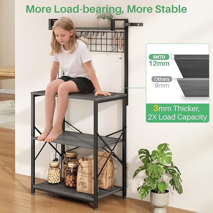 SNTD Bakers Rack with Power Outlet, Microwave Stand, Grey, 23.5" W | Coffee Stand, 4 Tiers Kitchen Storage Shelves, Wire Grid Panel, 10 Hooks, Metal Frame, Triple X-Shaped Reinforcement