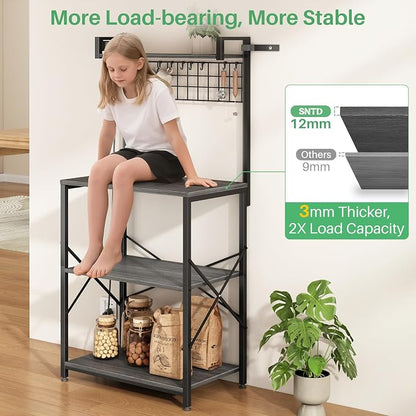 SNTD Bakers Rack with Power Outlet, Microwave Stand, Grey, 23.5" W | Coffee Stand, 4 Tiers Kitchen Storage Shelves, Wire Grid Panel, 10 Hooks, Metal Frame, Triple X-Shaped Reinforcement
