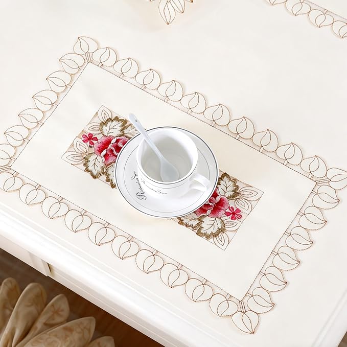 LeLehome Set of 4 Flower Embroidered Placemats, Oblong White Leaves Rose Lunchmats Place Mats, Home Kitchen Dining Restaurant Party Indoor Decor Table Mats, 18 Inch X 12 Inch
