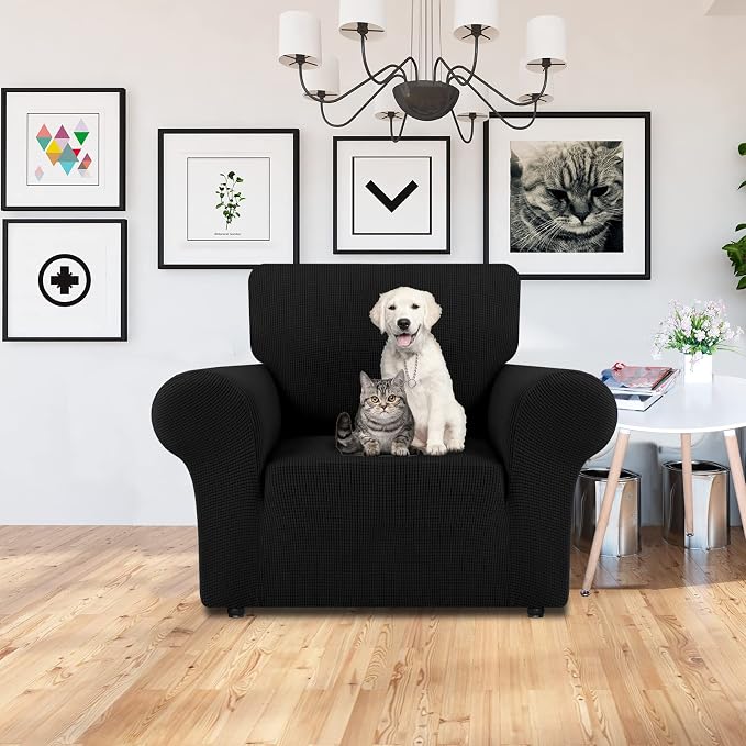 LURKA Stretch Chair Cover for Sofa, 1 Piece Armchair Slipcover, Black | Soft Stretch Jacquard, Fits 31"-55" Armchairs, Elastic Bottom for Secure Fit, Machine Washable, Pet & Kid Friendly