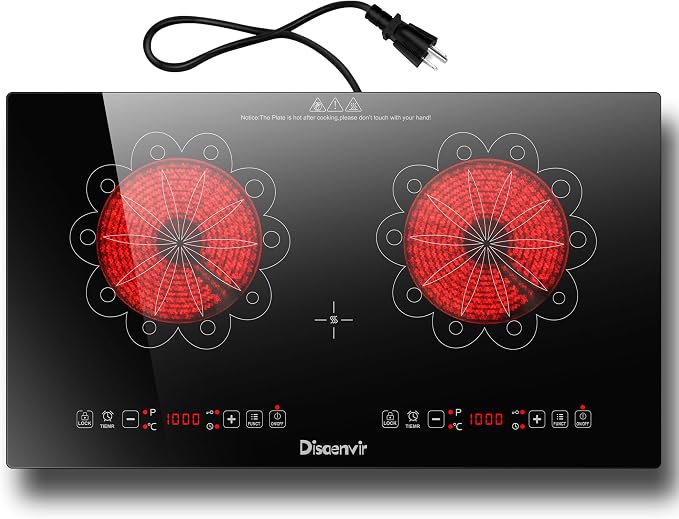 2 Burner Electric Cooktop 24 Inch 110V Plug in | Countertop and Built-in Two Burner Electric Stove Portable, Child Lock, Timer, Suitable for Rv, Dorm, Apt., 120V