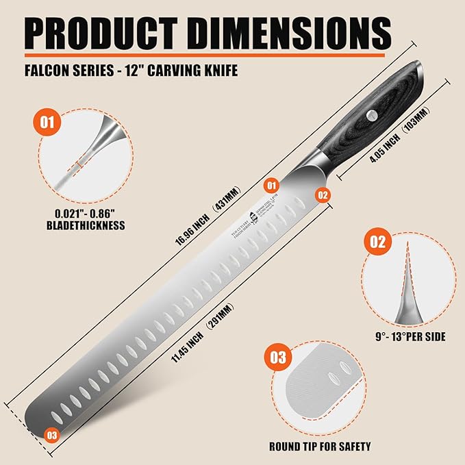 TUO Carving Knife, 12 inch Brisket Knife for Cutting Smoked Meat, Slicing Through Roast, High Carbon German Steel, Ergonomic Handle, BBQ Gifts - Falcon Series