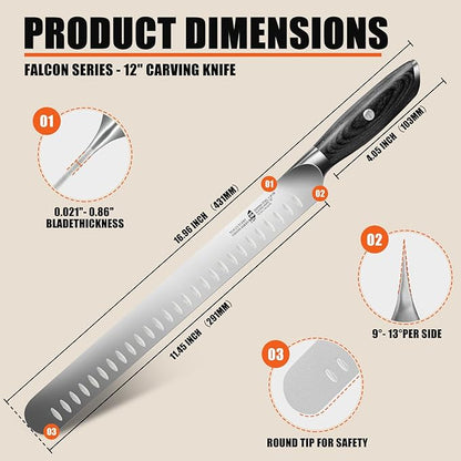 TUO Carving Knife, 12 inch Brisket Knife for Cutting Smoked Meat, Slicing Through Roast, High Carbon German Steel, Ergonomic Handle, BBQ Gifts - Falcon Series