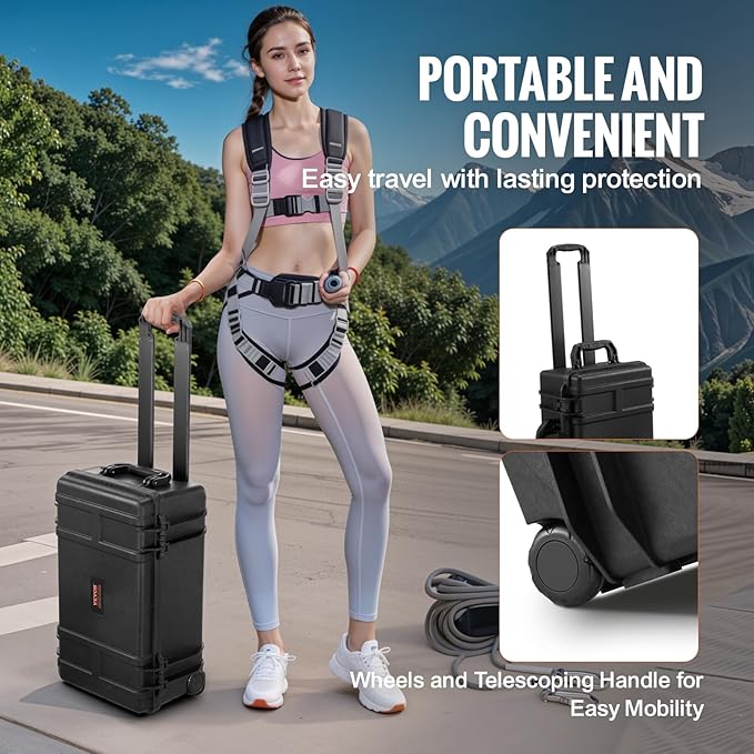 VEVOR Weatherproof Hard Case, Heavy Duty Protective Dry Box with Pre-Cut Foam, Wheels & Retractable Pull Handle for Travel, Hunt, Military, Tactical, IP67 Waterproof Case for Cameras (21.7*13.4*9.5")