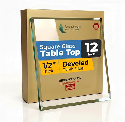 Clear Tempered Glass Table Top 12 Inch Square Beveled Edge with 1/2 Inch Thickness for Dining, Coffee or Side Tables by Fab Glass and Mirror