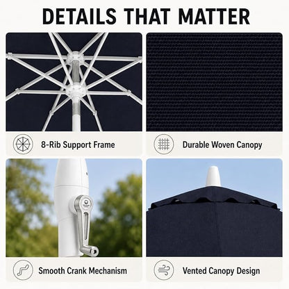 Treasure Garden 9ft Patio Umbrella - Outdoor Furniture Market Umbrella – Deluxe Auto-Tilt – White Aluminum Frame (Sunbrella, Navy)