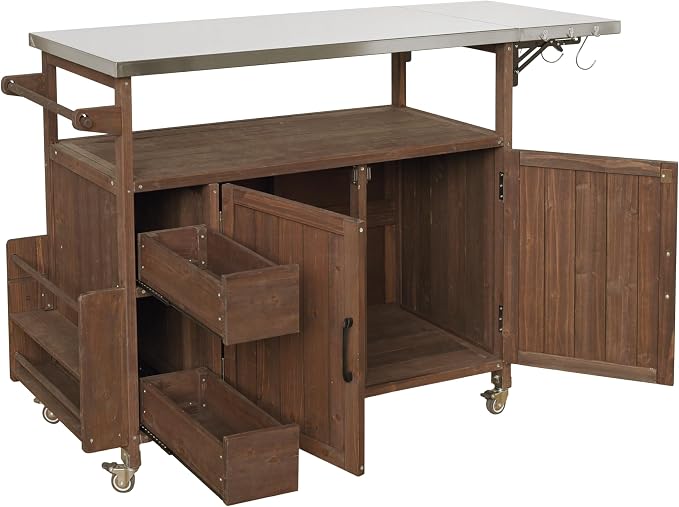 Christopher Knight Home Edsel Outdoor Bar Cart with Stainless Steel Top and Lockable Wheels, Solid Wood Outdoor Storage Cabinet, Kitchen Island Serving Cart for Poolside, Garden, Brown+Silver