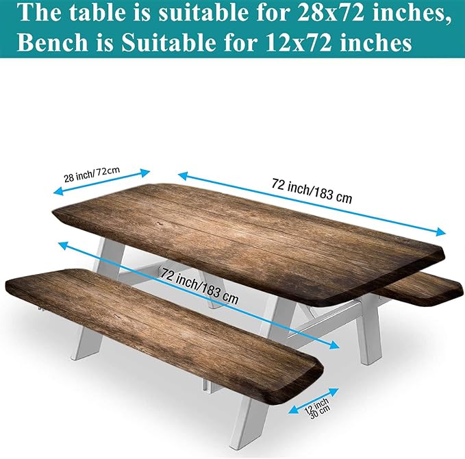 Rustic Wood Planks Picnic Table Cover with Bench Covers, Rustic Wood Planks Fitted Tablecloth and Seats Cover, 3 Pieces Set, for Travel Spring Picnics Parties Outdoor Use, 72x28 in, Brown