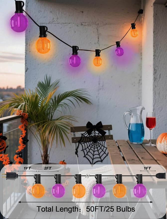 50Ft G40 LED Outdoor Christmas String Lights, Christmas Decorations with 27 LED Shatterproof Clear Orange and Purple Globe Bulbs(2 Spare), Hanging Patio Night Lights for Home Party Garden Yard Decor