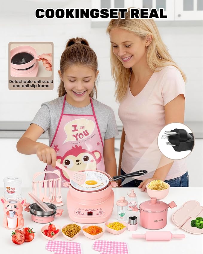 Mini Real Cooking Set for Teens ，42 PCS Electric Hot Plate Kit (Pink) | with Pot, Frying Pan, Steamer, Apron, Utensils and Accessories for Supervised Food Making