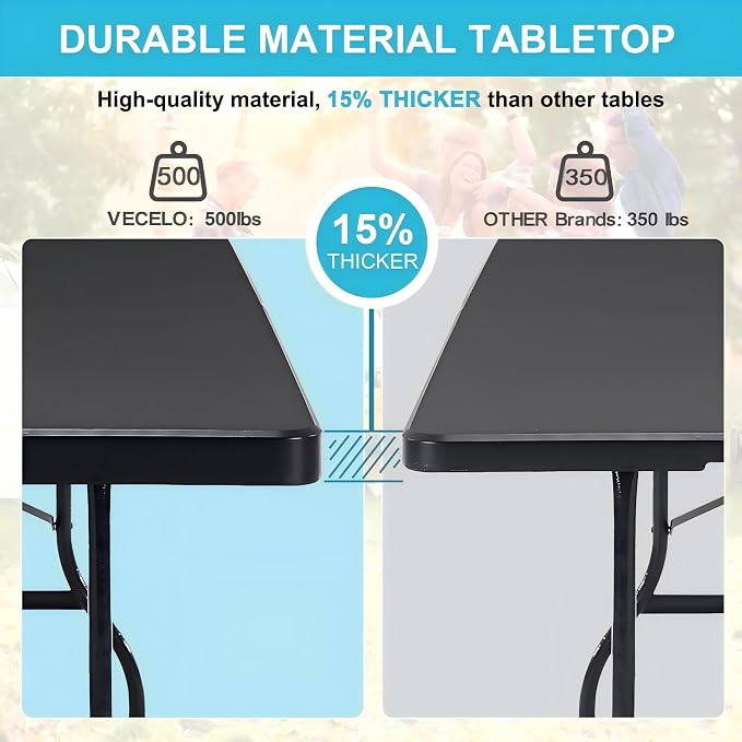 VECELO 6 ft Picini Table with Thickened Top | Removable Mesh Bag | Strong Side Support, 500lbs Weight Capacity Folding Table, Indoor & Outdoor, with Carrying Handle,Black