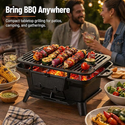 Hibachi Grill Outdoor, Portable Mini Charcoal Grill, Pre-Seasoned Cast Iron, Small Japanese Yakitori Tabletop Skillet Grill Stove for Outdoor Camping