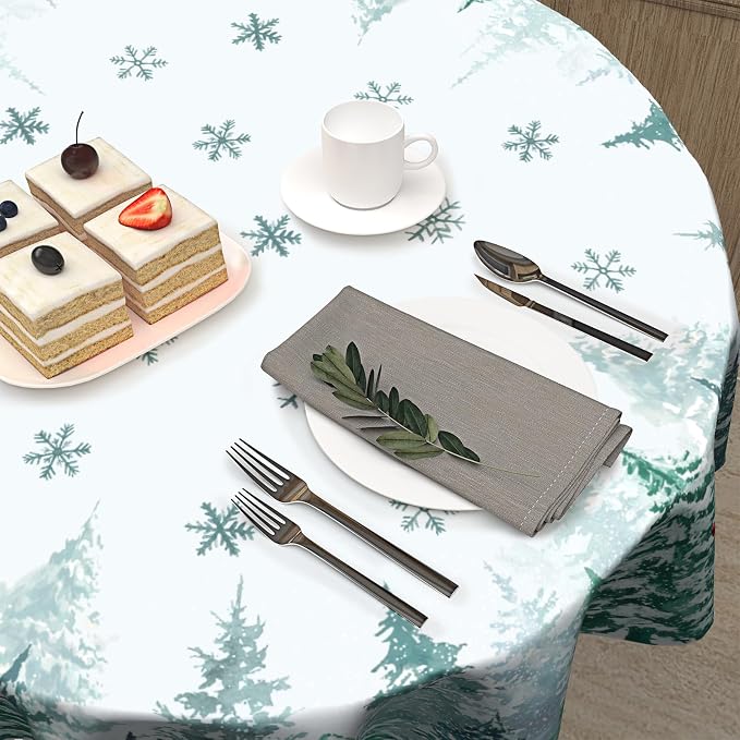 Sweetshow Winter Green Pine Tree Table Cloth Round Xmas Red Cardinal Bird Snowflake Tablecloth 70 Inch Decor Washable Stain and Wrinkle Resistant Winter Round Table Cover for Dining Picnic