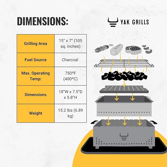 Portable Tabletop Charcoal Grill, YAK Grills Hibachi, 100% Stainless Steel, Grill at 750ºF, Patio, Balcony. 15”x7” Grilling Area. Includes Grate Handle & Carrying Case.