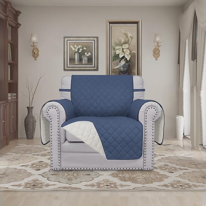 Easy-Going Reversible Couch Cover, Small Chair, Dark Blue/Ivory | Machine Washable Slipcover For Dogs, Water Resistant Furniture Mat For Living Room, Non-Slip Sofa Cover, Pet Friendly