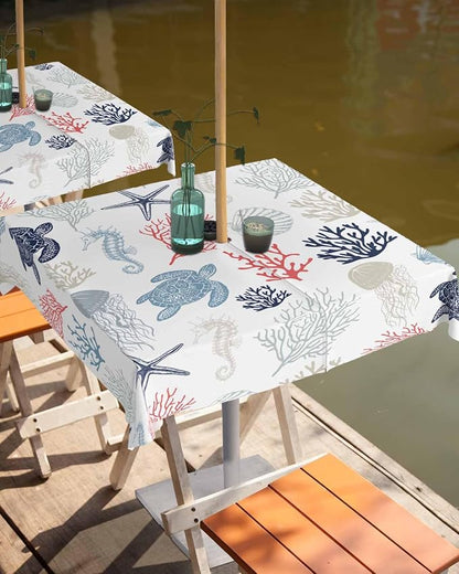 Blue Red Coastal Outdoor Tablecloth - 60x60 Inch Square Waterproof Dining Table Cover, Nautical Summer Beach Coral Sea Turtle Outdoor Table Cloth with Umbrella Hole & Zipper for Patio