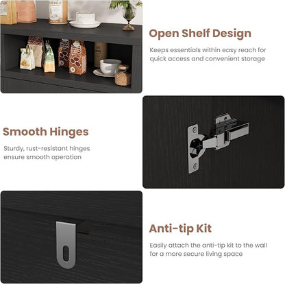 Buffet Sideboard Cabinet with Storage, 55" Kitchen Storage Cabinet, Black | 4 Doors & Adjustable Shelves, Farmhouse Wood Coffee Bar Cabinet for Kitchen, Dining Room, Living Room