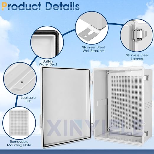 Waterproof Outdoor Project ABS Plastic Junction Box IP67 Weatherproof Dustproof Enclosure with Hinged Cover, Mounting Plate,Wall Brackets for Power Project (Grey,19.7"x15.7"x7.9")