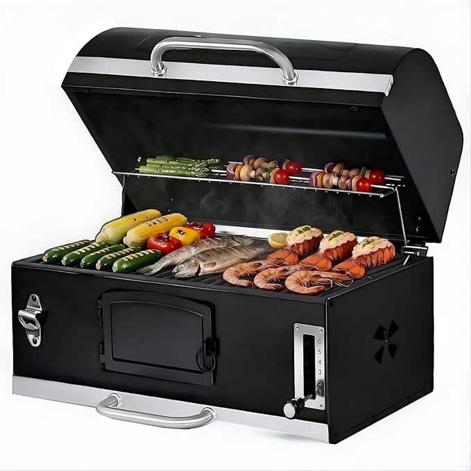 30in Built in Charcoal Grill for Outdoor Kitchen Island, Heavy Duty Large Barbecue Grills with Liftable Tray, Insulated Hood & Temp Gauge Drop-in BBQ Barrel Grill for Family Parties Patio Cooking