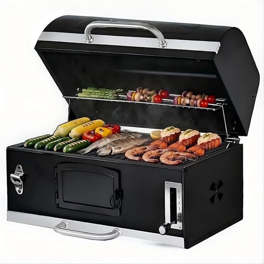 30in Built in Charcoal Grill for Outdoor Kitchen Island, Heavy Duty Large Barbecue Grills with Liftable Tray, Insulated Hood & Temp Gauge Drop-in BBQ Barrel Grill for Family Parties Patio Cooking
