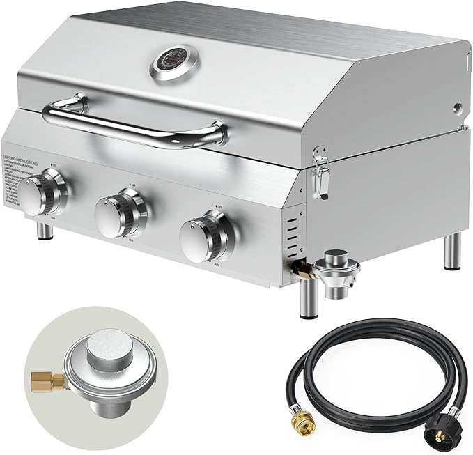 Bestfire 3-Burner Tabletop Gas Grill, Dual Connections, 30,000 BTU Portable Propane Grill, Stainless Steel Knobs/Grates, Compact & Detachable Legs for Camping, RV, BBQ