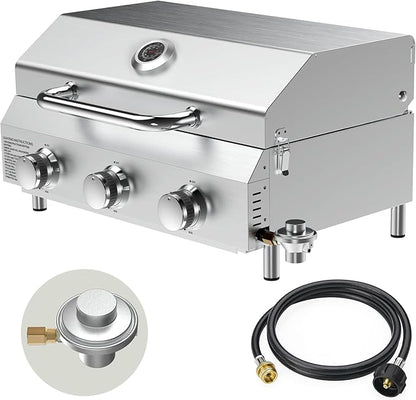 Bestfire 3-Burner Tabletop Gas Grill, Dual Connections, 30,000 BTU Portable Propane Grill, Stainless Steel Knobs/Grates, Compact & Detachable Legs for Camping, RV, BBQ
