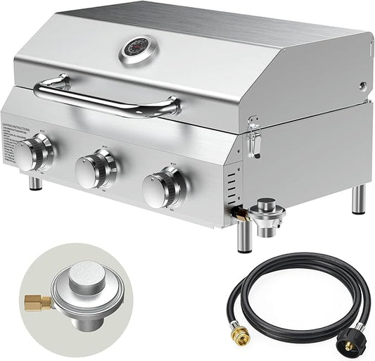 Bestfire 3-Burner Tabletop Gas Grill, Dual Connections, 30,000 BTU Portable Propane Grill, Stainless Steel Knobs/Grates, Compact & Detachable Legs for Camping, RV, BBQ