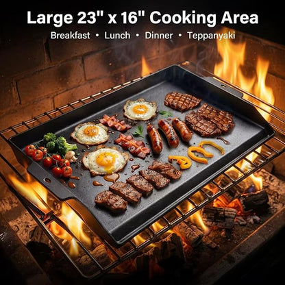 23"x16" Cast Iron Universal Griddle for Gas Grill - 23.5lb Heavy Duty - Pre-Seasoned Nonstick Surface, Reinforced Ridges & Extra High Sidewalls, Flat Top Plate for Gas/Charcoal