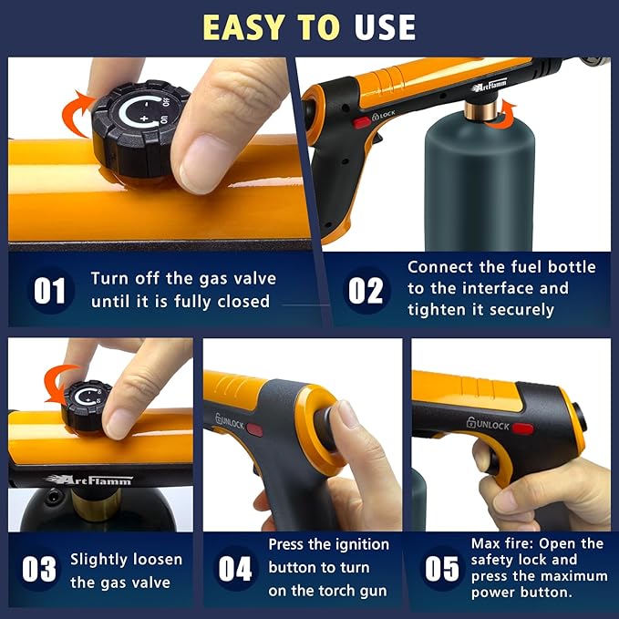 ARTFLAMM Powerful Propane Torch Gun, Flamethrower with Turbo Mode, Charcoal Torch Lighter with Safety Lock, Kitchen Blow Torch for Cooking, BBQ, Searing Steak, Grill(Tank Not Included)