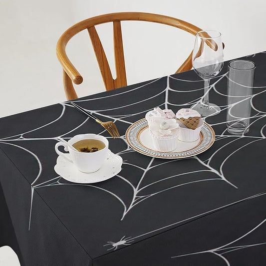 Spider Web Tablecloth, Scary Horror Spider Ghost Black Water Resistant Wipeable Table Cover for Picnic Party Holiday Kitchen Dinner Table 55"x55"