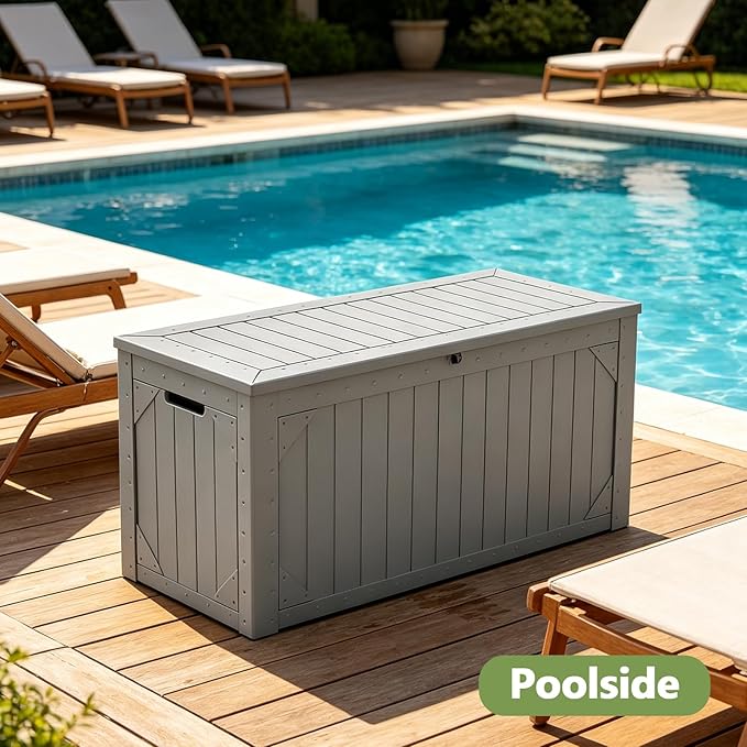 Outdoor Storage Box, 95 Gallon Deck Box Outdoor Storage Bench, Outside Waterproof Resin Storage Bench, Lockable Patio Cushions, Garden Tools Storage for Furniture, UV Resistant (Gray)
