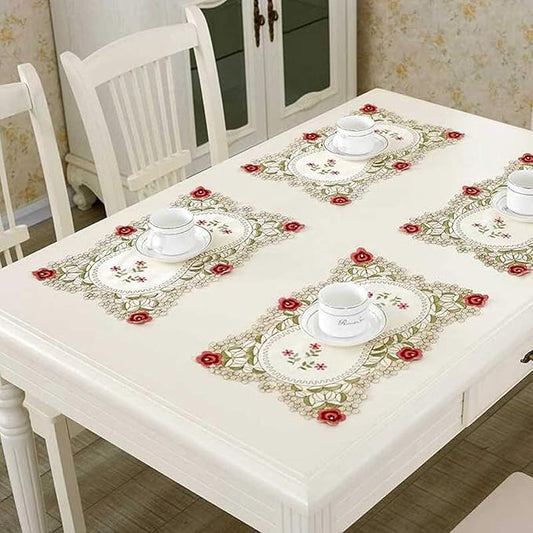 LeLehome Set of 4 Flower Embroidered Placemats, Oblong Red Rose Lunchmats Place Mats, Home Kitchen Dining Restaurant Party Indoor Decor Table Mats, 18 Inch X 12 Inch