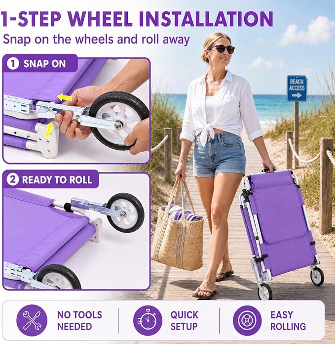Wheel-To-Go Tanning Chair with Wheels Sun Canopy Umbrella Face Hole Thicker Washable Adjustable, Heavy Duty Folding Lay Flat Sun Lounge Chair Beach Outside Sunbathing Reading, UPF 50+ (Patent Design)
