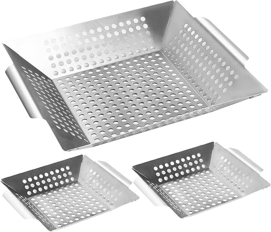 Anveena Grill Baskets 3 Pack Stainless Steel Grilling Basket for Indoor and Outdoor Use, Heavy Duty Vegetables Grill Basket for Veggies and Kabob, Suitable for All Grills, Dishwasher Safe