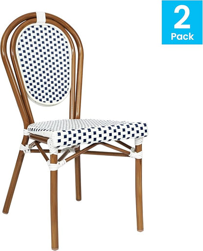 Flash Furniture Lourdes Indoor/Outdoor Commercial Thonet Bistro Stack Chair - White/Navy PE Rattan Back and Seat - Natural Bamboo Print Metal Frame - Set of 2