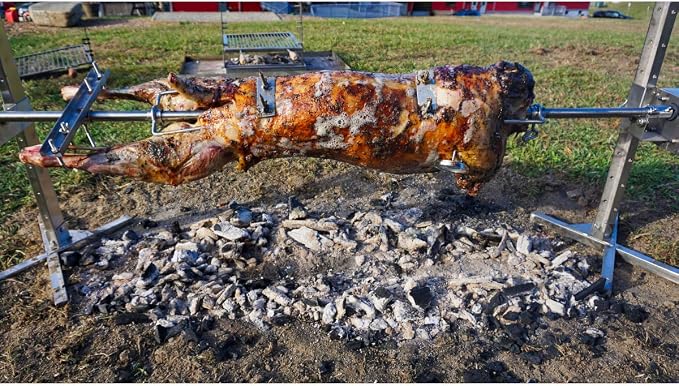 SpitJack CXB85 Pig, Whole Hog, Lamb BBQ Spit Roaster Rotisserie Kit. Electric 40W Motor, 60 Inch Spit Rod, All Stainless Trussing Hardware, Accessories. Portable Charcoal Barbecue or Outdoor Wood Fire | Portable charcoal or wood-fire BBQ roaster with s...