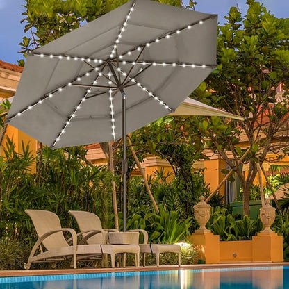 EliteShade USA 10-Year-Non-Fading 9ft 3-Tier Market Patio Umbrella, Commercial Table Umbrella with 80 Solar LED Lights, Crank Open, Windproof & UPF 50+ UV Protection for Garden, Deck, Pool, Backyard, Taupe