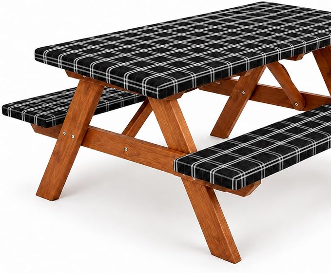 Emwwat Picnic Table Cover with Bench Covers, Waterproof Elastic Corner Fitted Tablecloth for 6 Foot Rectangle Tables, Washable Camping Table Cover Set for Picnic Outdoor BBQ (Black, 72in)