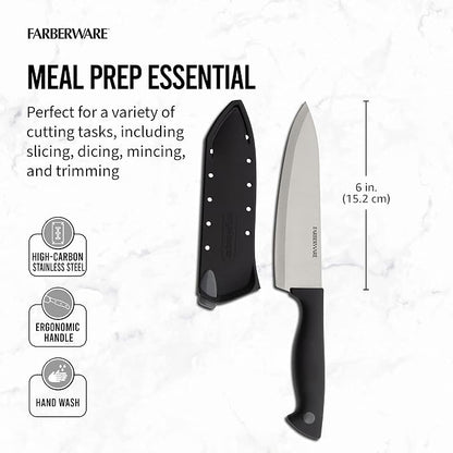 Farberware EdgeKeeper 6 Inch Chef Knife with Self-Sharpening Blade Cover, High-Carbon Stainless Steel Kitchen Knife for Slicing, Dicing, and Mincing