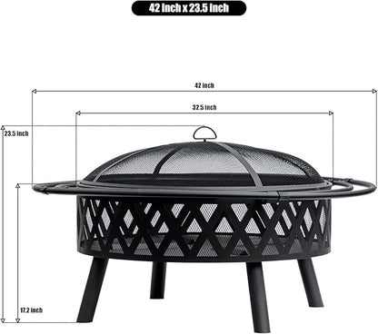 EcoNook 42 Inch Wood Burning Fire Pit with 2 Loops, Outdoor Fire Pit with Spark Screen & Fire Poker, Cross Weave Firepit for Outside Fireplace Bonfire for Yard,Patio, Garden