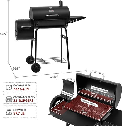 Royal Gourmet CC1624S Barrel Charcoal Grill with Offset Smoker, 552 Sq. In. Cooking Area, Steel Front Shelf, Steel Side Shelf with Hooks, Charcoal Grill for Outdoor Grilling, Black