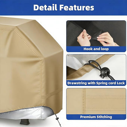 BBQ Gas Grill Cover for Outdoor, Anti-UV, Rip-Proof, 600D Oxford Fade Resistant Material, Barbecue Cover with Hook and Loop Straps & Adjustable Hem Drawstring (Beige, 32”x26”x43”)
