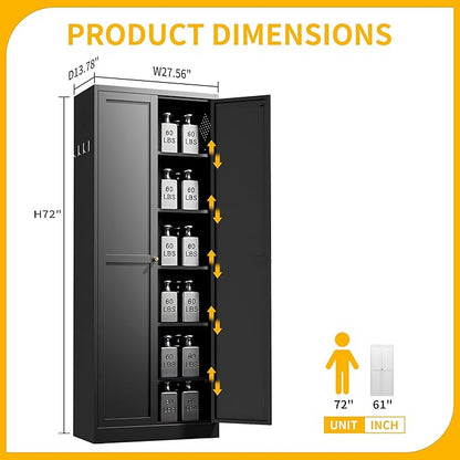 72" Metal Storage Cabinet, Large Capacity Pantry Cabinet with 6-Tier, Kitchen Storage Cabinet with 2 Doors and 5 Adjustable Shelves for Home, Kitchen, Dining, Living Room (Black)