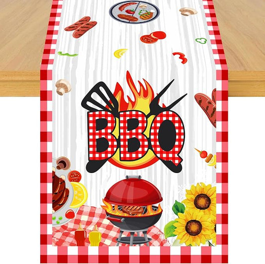BBQ Theme Table Runner, Barbecue Picnic Linen Fabric Table Runner for Everyday Use 72 x 13 Inches, Washable Table Cover for Indoor Outdoor Kitchen Dining Table Decor