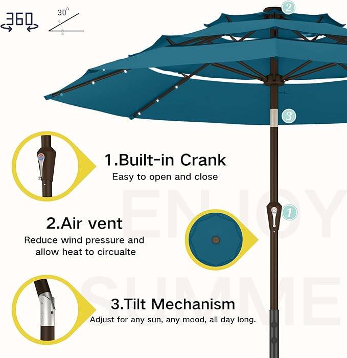 Kingdura 10ft 3-Tier Patio Umbrella with Solar Lights, Table Umbrella Outdoor Patio with Easy Crank & Tilt, 8 Sturdy Ribs, UV Protection, 32 LED Lights for Deck, Poolside, Market (Lake blue)