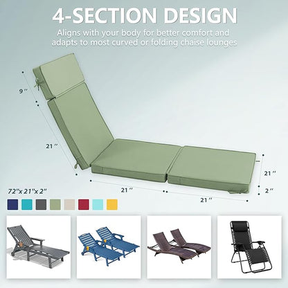 72 x 21 Inch Outdoor Chaise Lounge Cushion - Removable Cover, 4-Section Design, Water-Repellent & Fade-Resistant, 6 Tie Straps, Replacement for Patio & Pool Chairs - Sage Green