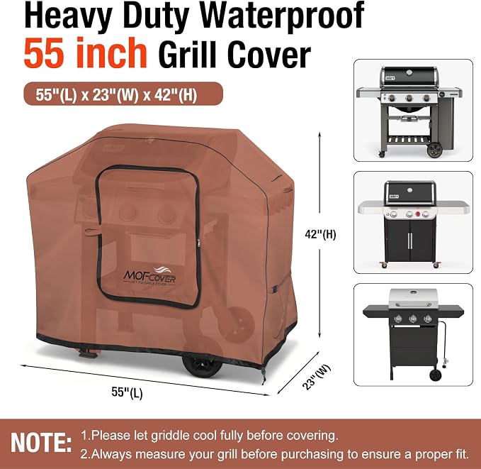 Exclusive Foldable 55 inch Grill Cover, 600D Heavy Duty Outdoor BBQ Cover for 3-4 Burners Grill, Waterproof Fade Resistant Barbecue Cover, Caramel